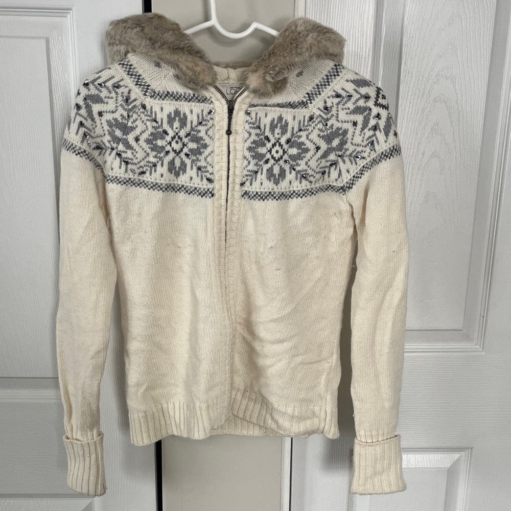 LOFT Ivory and Charcoal Knit with Faux Fur Accent Hood
